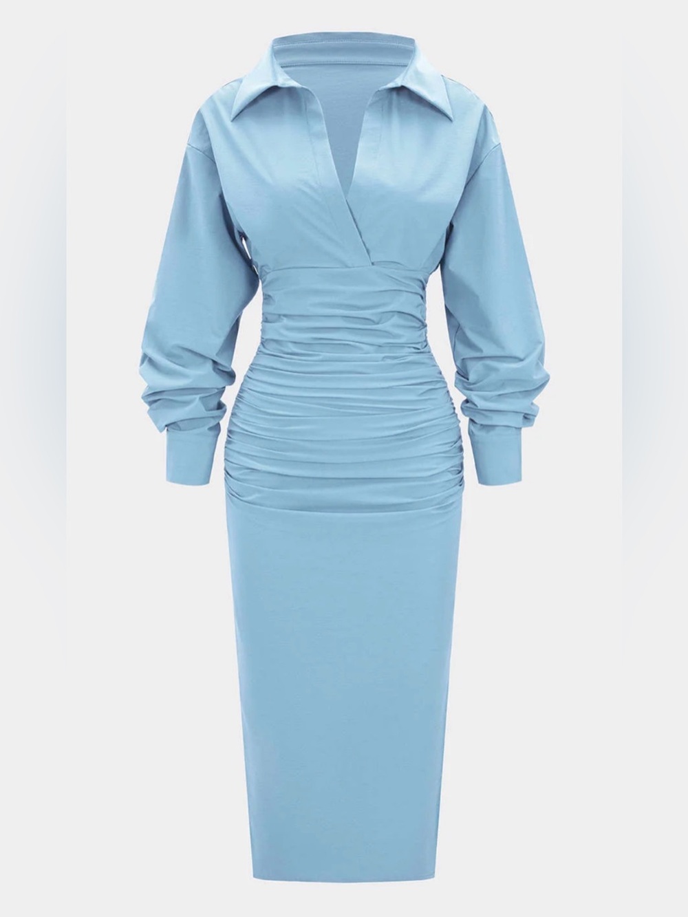 Micas Solid Ruched Long Sleeve Midi Dress-S
